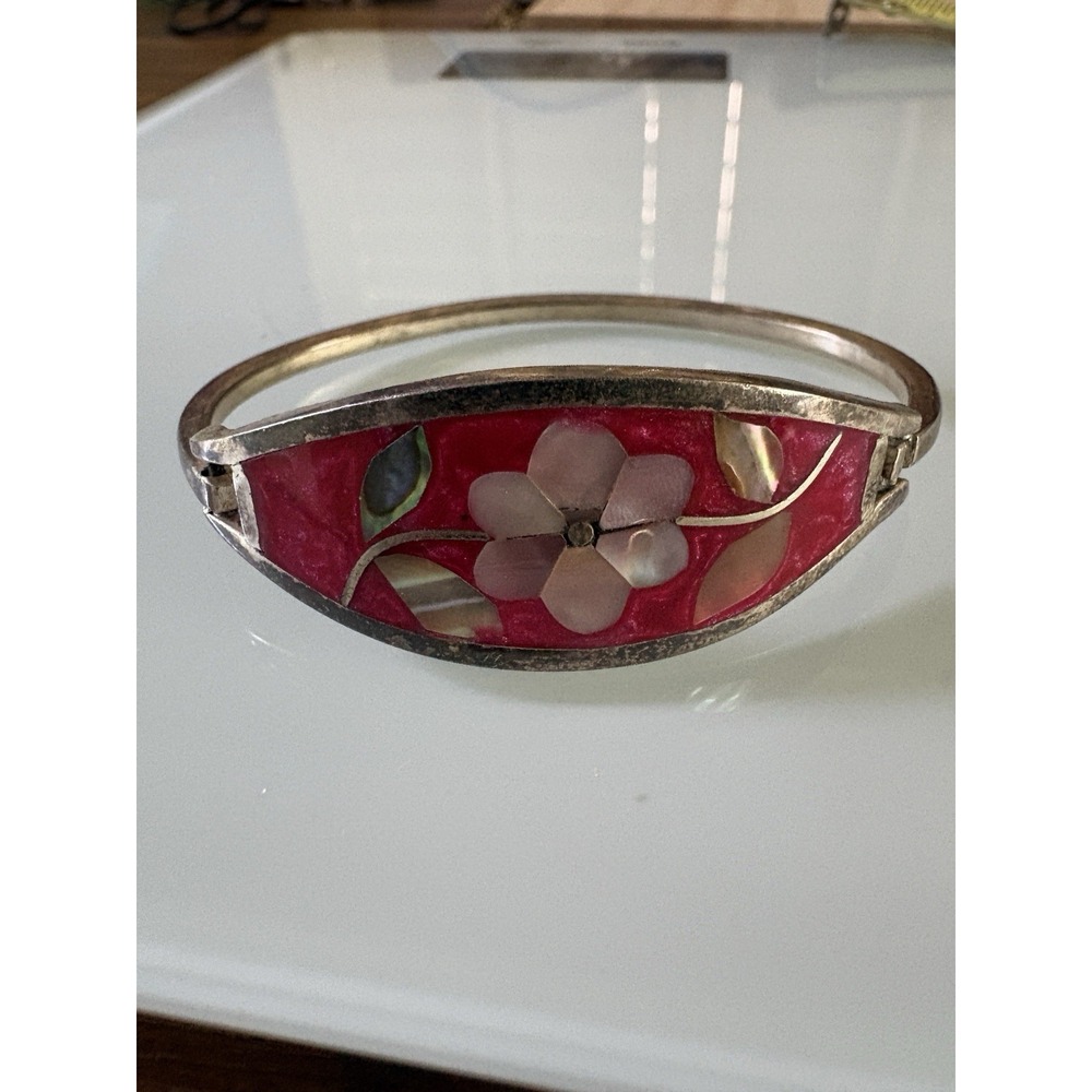 Alpaco Mexico Magenta Floral Mother Of Pearl Inlay Hinged Cuff Bracelet